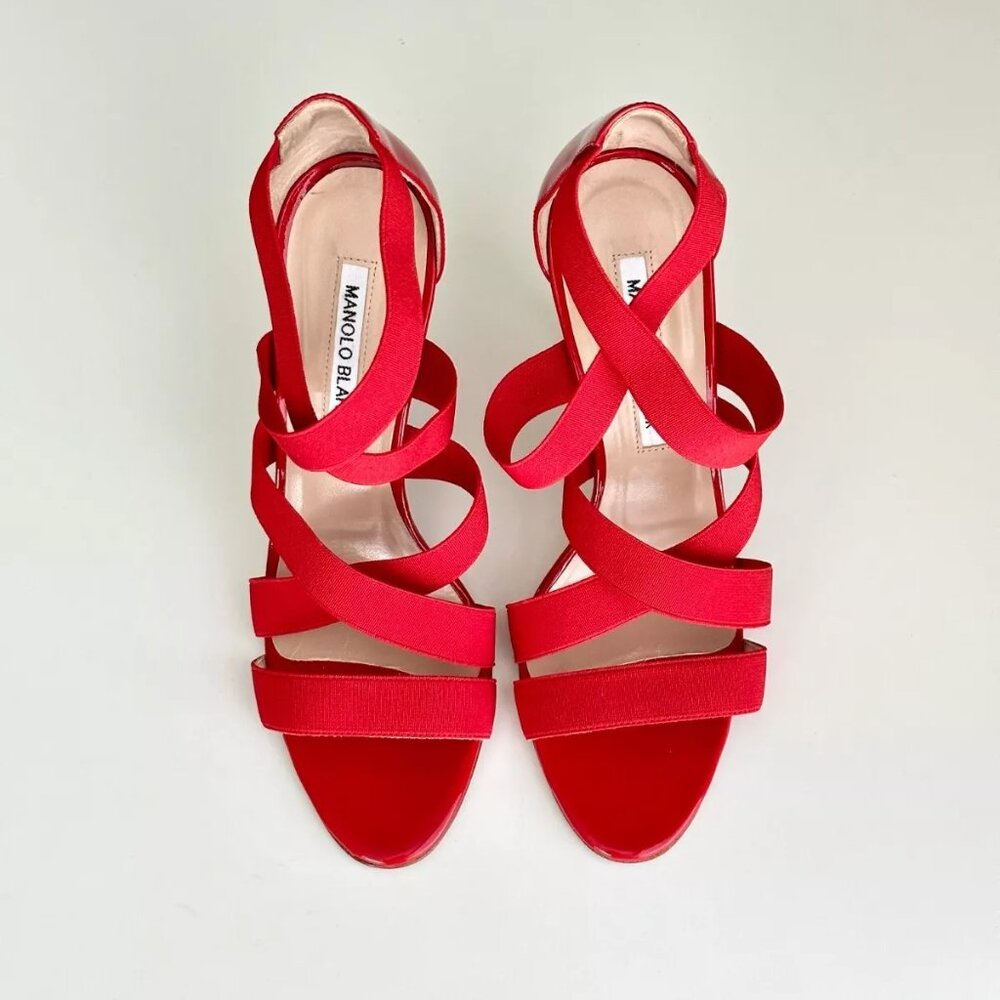 NEW MANOLO BLAHNIK Red Patent Leather Elasticized Strappy Sandals Size US 8